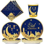Blue Gold Eid Mubarak Disposable Tableware Set
