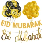 Eid Mubarak Balloons with Gold Glitter Banner