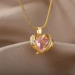 Pink Cubic Zirconia Necklace: Stainless Steel Heart Wings Pendant