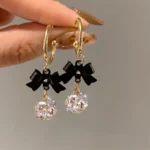 Black Bowknot Zircon Earrings: Elegant C-Shaped Women's Jewelry