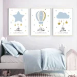 Islamic Bedroom Canvas: Blue/Gold Stars & Hot Air Balloon Children Poster