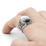 Ottoman Swords Engraved Ring for Men: 925 Sterling Silver with Natural Agate Stone