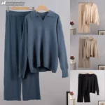 Cosy Two-Piece Tracksuit Set: Solid Color Knitted Sweaters and Jogging Pants