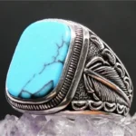 Hand-Engraved Turkish Signet Ring with Turquoise Stone Seal